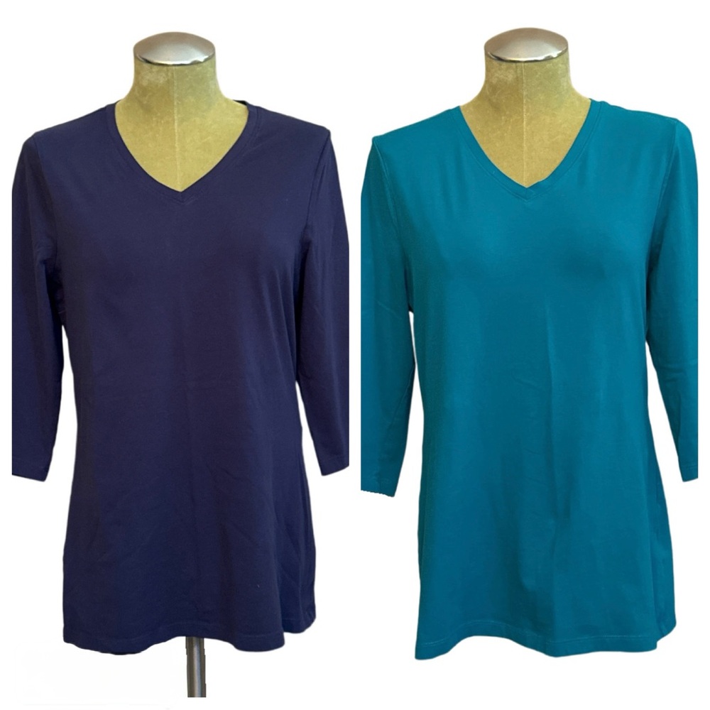 D&Co 3/4 Length Sleeve V-Neck Top Bundle - Navy and Teal